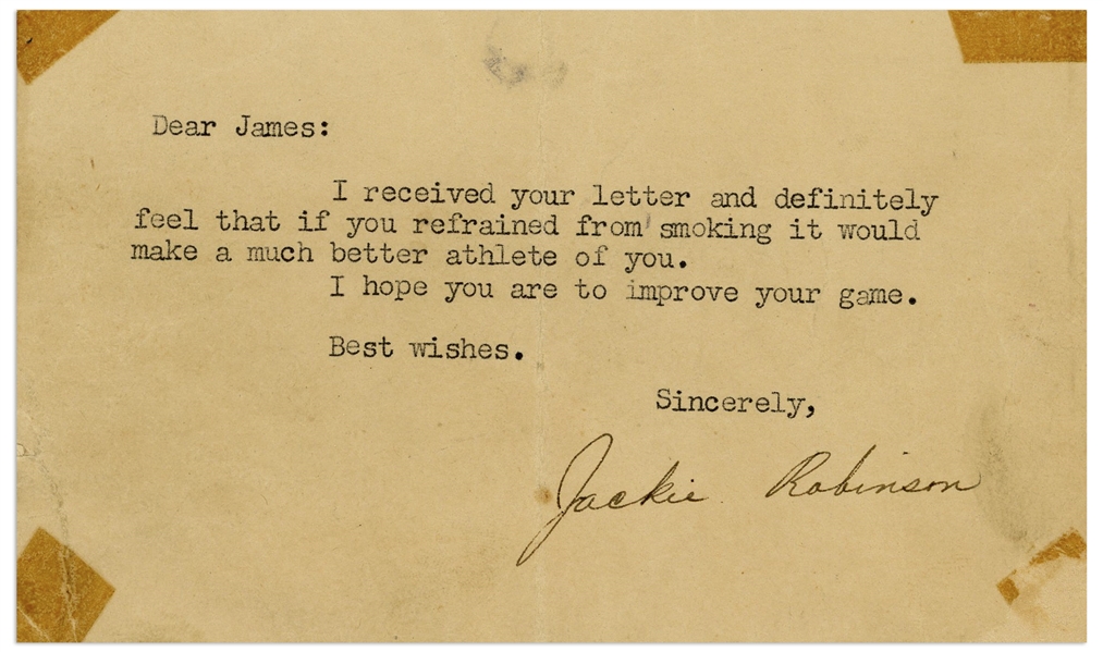 Jackie Robinson Postcard Signed, Urging Someone to Stop Smoking -- ''...if you refrained from smoking it would make a much better athlete of you...''